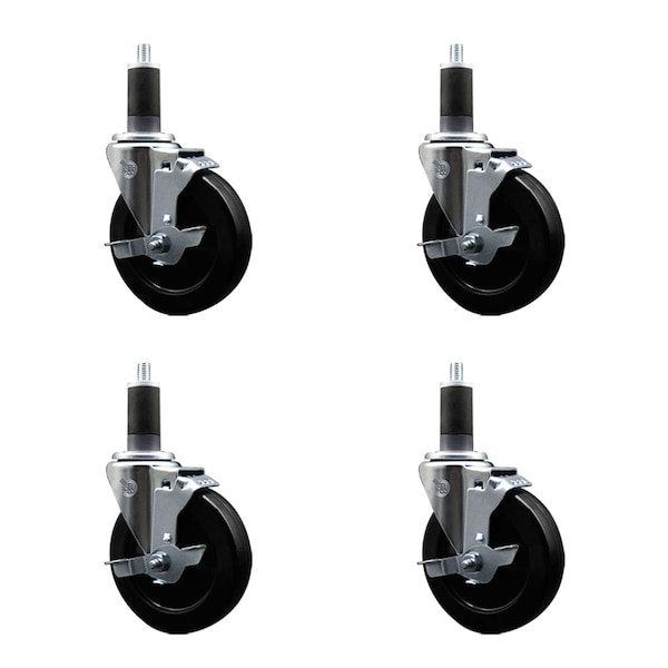 5'' SS Hard Rubber Swivel 1-1/4'' Expanding Stem Caster Set with Brake, 4PK